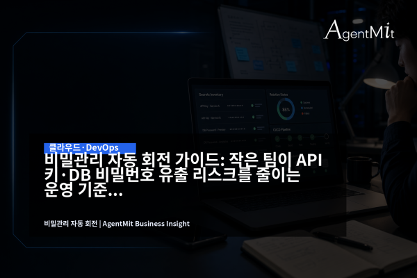 노트북 화면에 비밀값 인벤토리와 회전 상태가 표시된 클라우드 보안 운영 장면