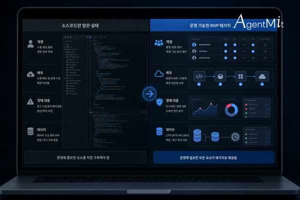 코드 납품과 운영 가능한 MVP 패키지를 비교하는 대시보드 장면
